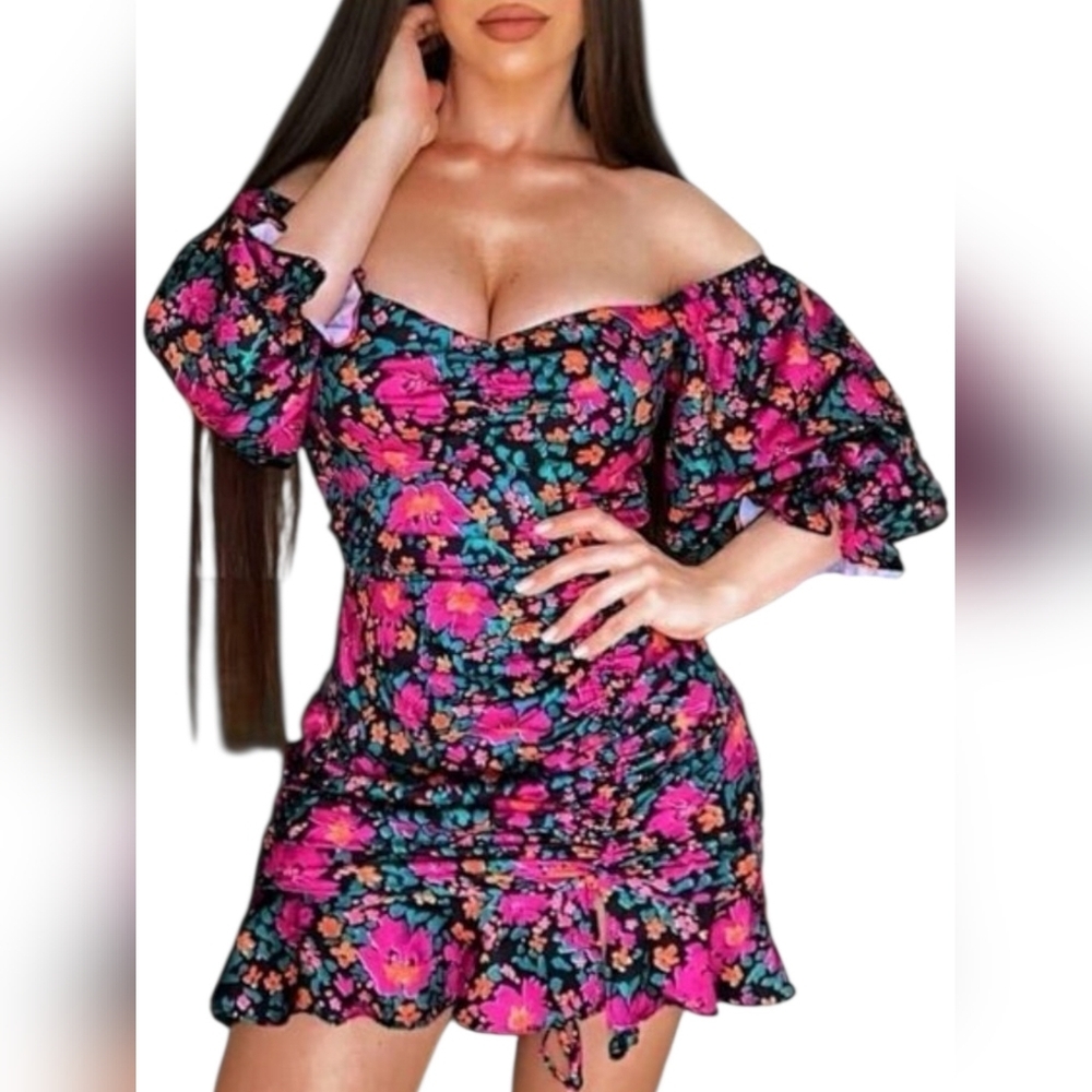 Touch Dolls womens size small puff sleeve off shoulder floral mini dress - Picture 5 of 11